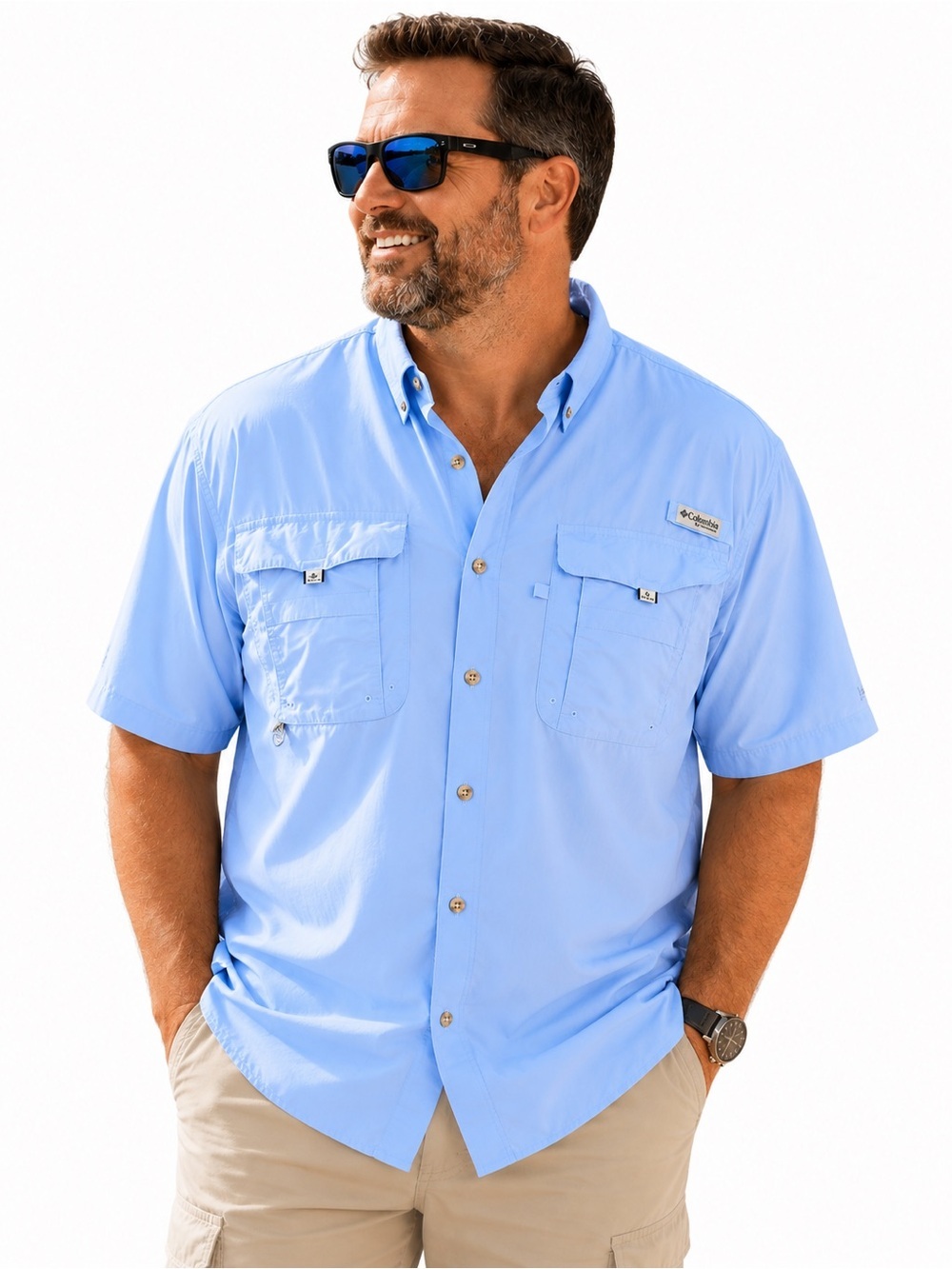 Columbia Light Blue Short-Sleeve Button-Down Fishing Shirt